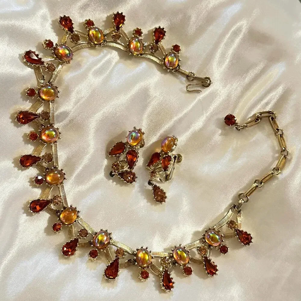 Vintage Signed Coro Necklace and Clip Earrings Set • Teardrop Choker • AB Oil S